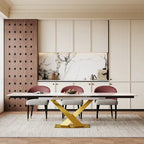 Table à manger rectangulaire extensible en pierre frittée 94.48 9 pièces avec 8 chaises en similicuir