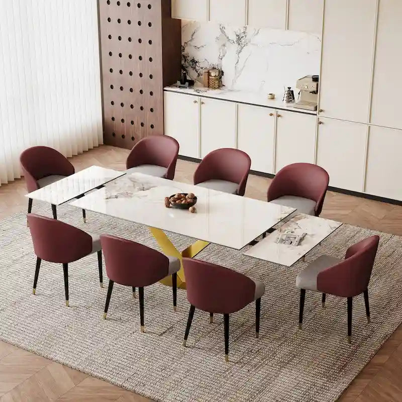 Table à manger rectangulaire extensible en pierre frittée 94.48 9 pièces avec 8 chaises en similicuir