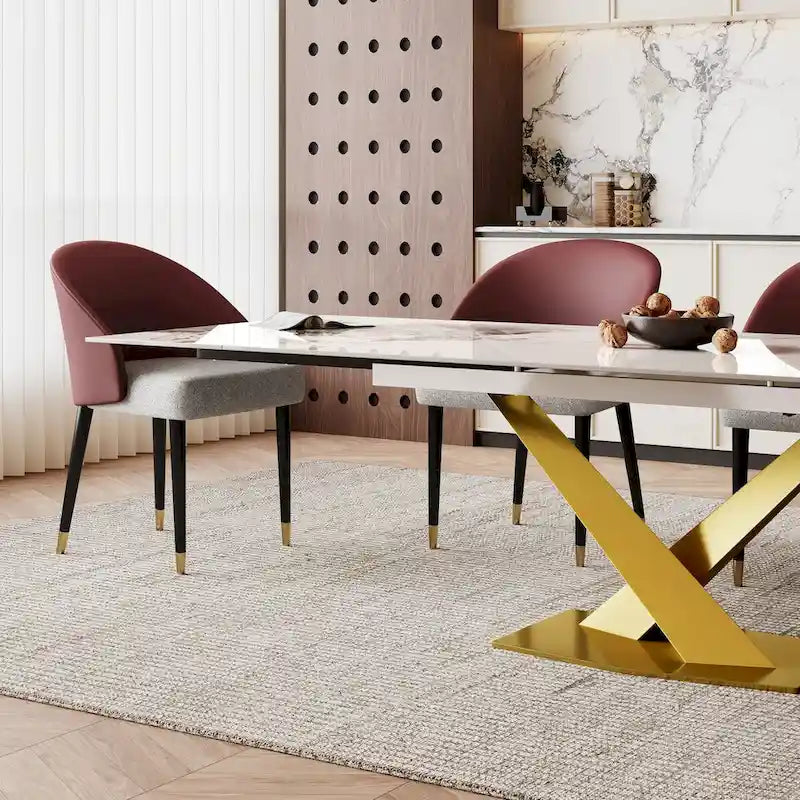 Table à manger rectangulaire extensible en pierre frittée 94.48 9 pièces avec 8 chaises en similicuir