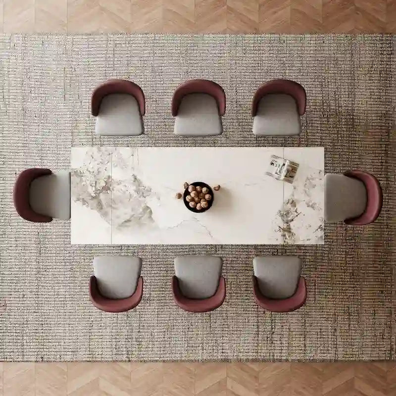 Table à manger rectangulaire extensible en pierre frittée 94.48 9 pièces avec 8 chaises en similicuir