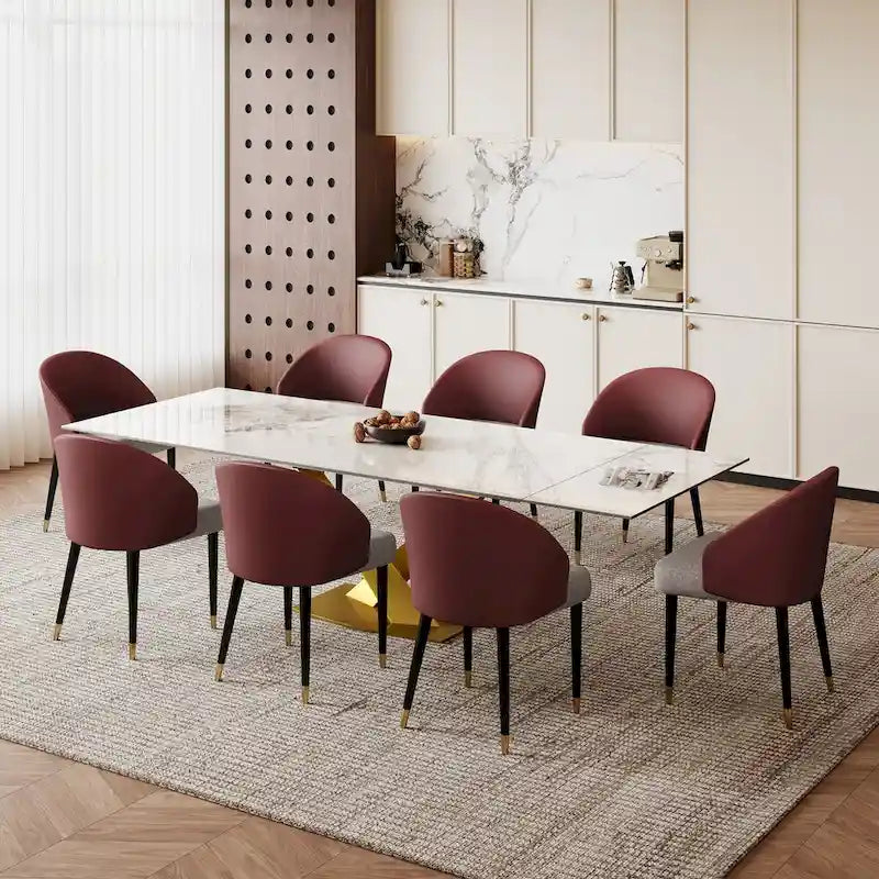 Table à manger rectangulaire extensible en pierre frittée 94.48 9 pièces avec 8 chaises en similicuir