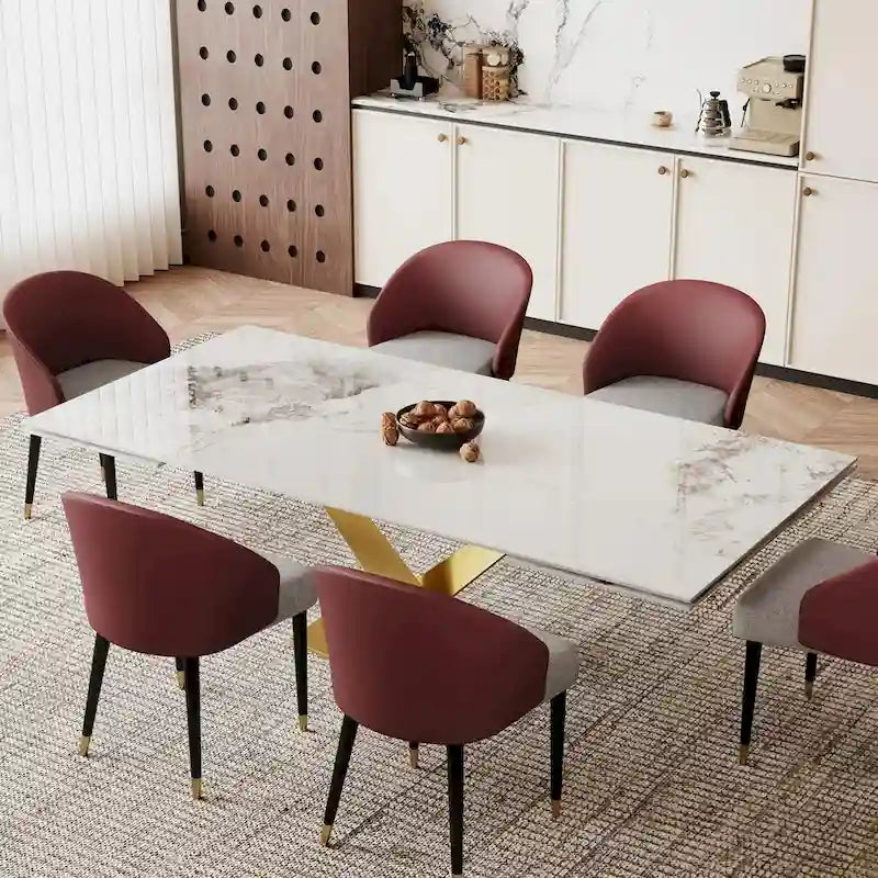 Table à manger rectangulaire extensible en pierre frittée 94.48 9 pièces avec 8 chaises en similicuir