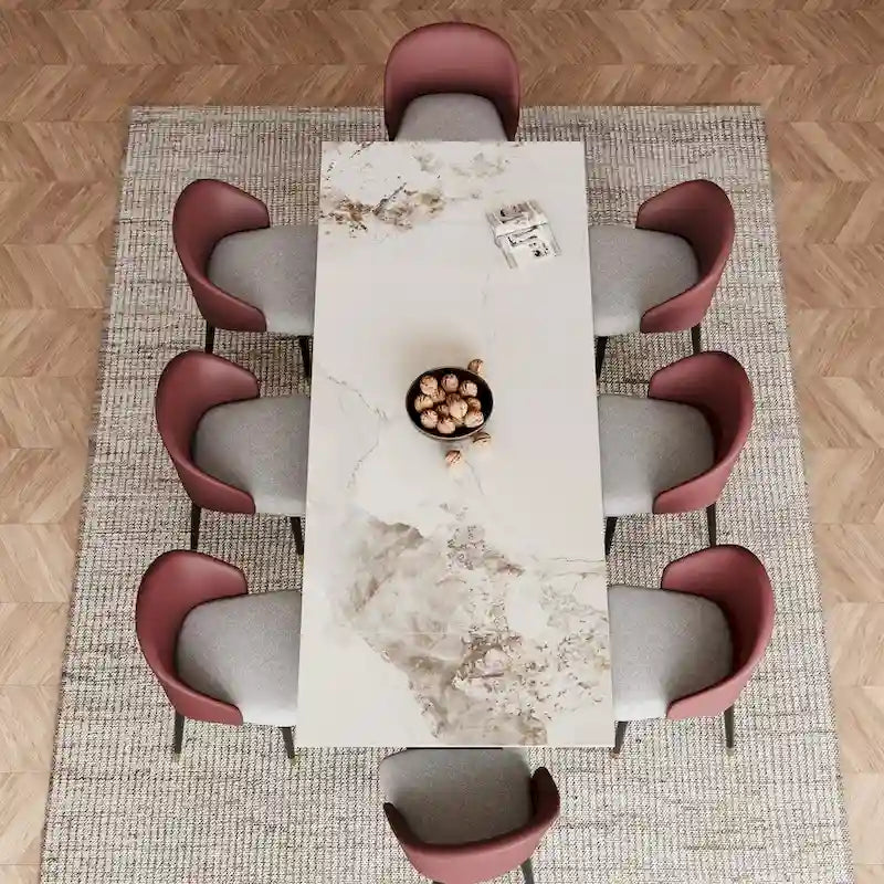 Table à manger rectangulaire extensible en pierre frittée 94.48 9 pièces avec 8 chaises en similicuir