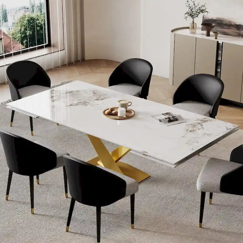 Table à manger rectangulaire extensible en pierre frittée 94.48 9 pièces avec 8 chaises en similicuir