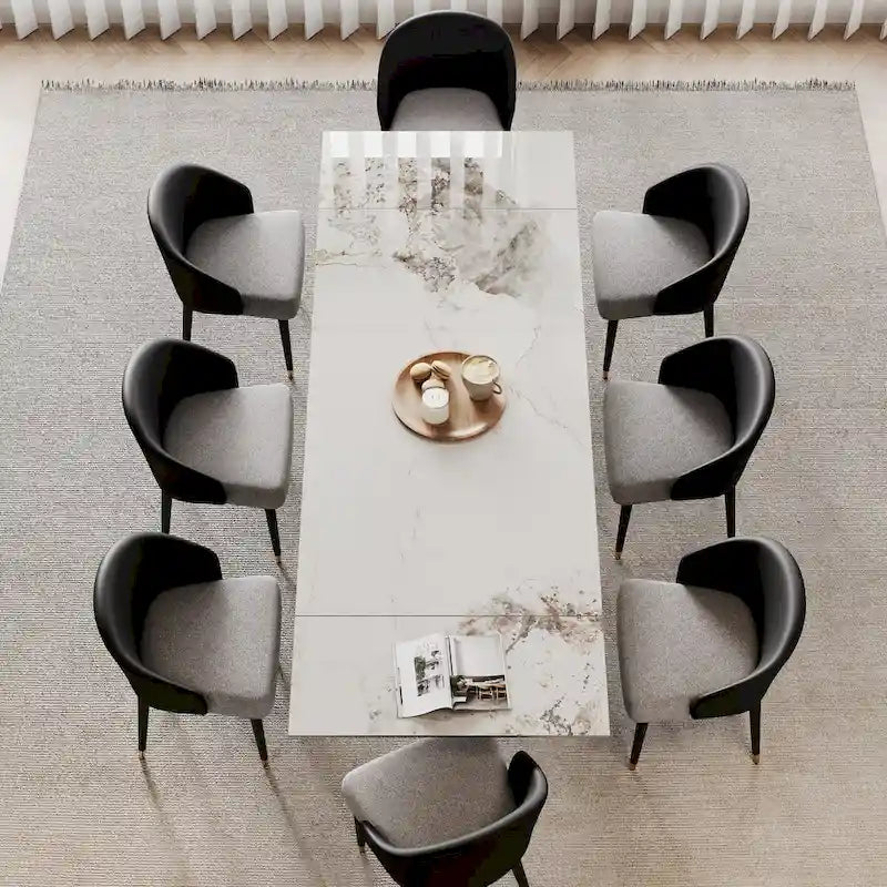 Table à manger rectangulaire extensible en pierre frittée 94.48 9 pièces avec 8 chaises en similicuir