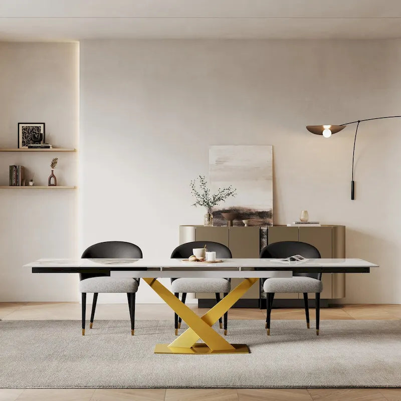 Table à manger rectangulaire extensible en pierre frittée 94.48 9 pièces avec 8 chaises en similicuir
