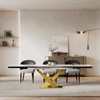 Table à manger rectangulaire extensible en pierre frittée 94.48 9 pièces avec 8 chaises en similicuir