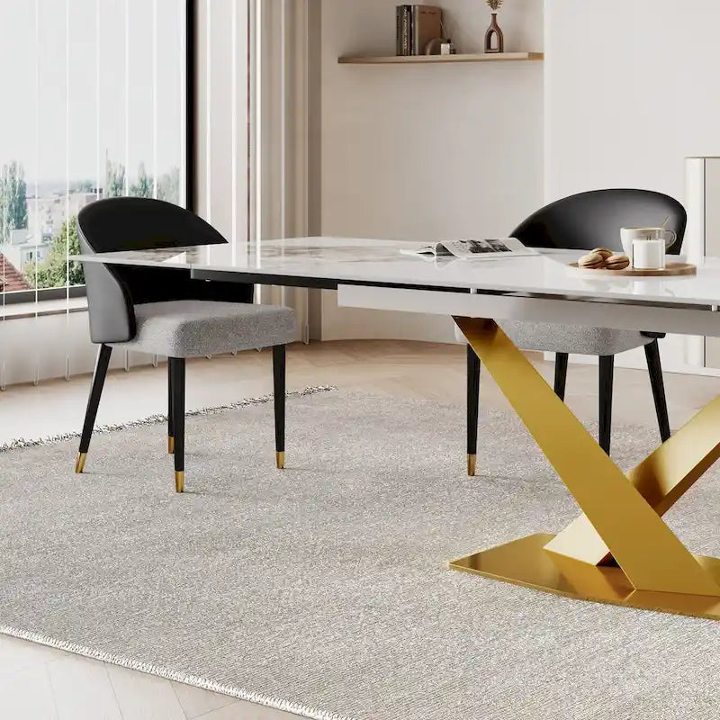 Table à manger rectangulaire extensible en pierre frittée 94.48 9 pièces avec 8 chaises en similicuir
