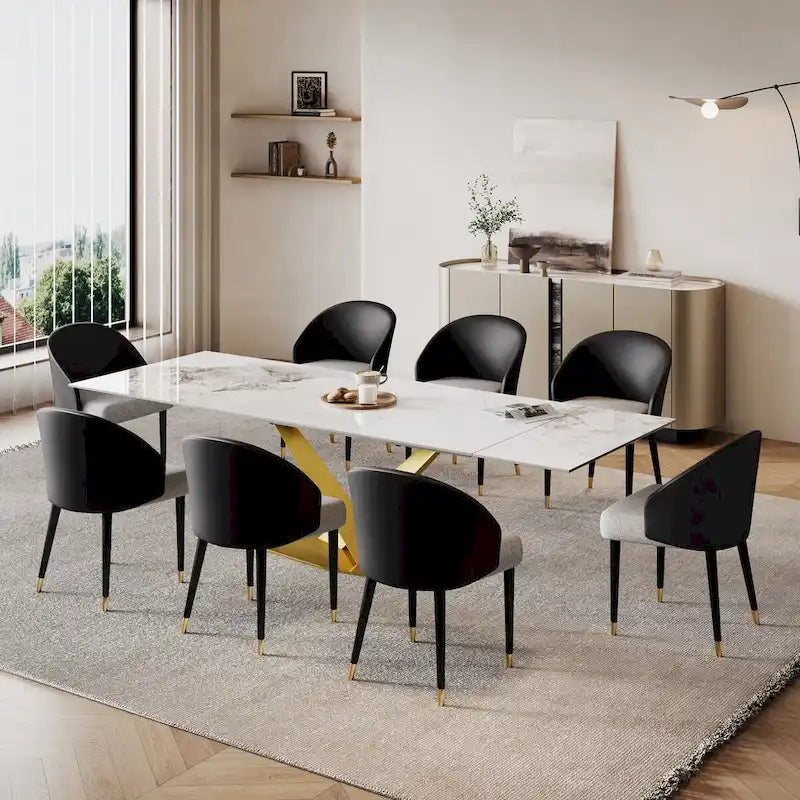 Table à manger rectangulaire extensible en pierre frittée 94.48 9 pièces avec 8 chaises en similicuir
